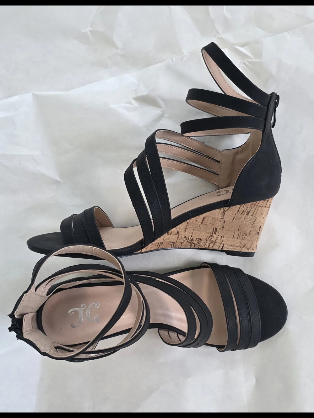 Journee Collection Black Strappy Cork Wedge Sandals Women's Size 8 Back Zip